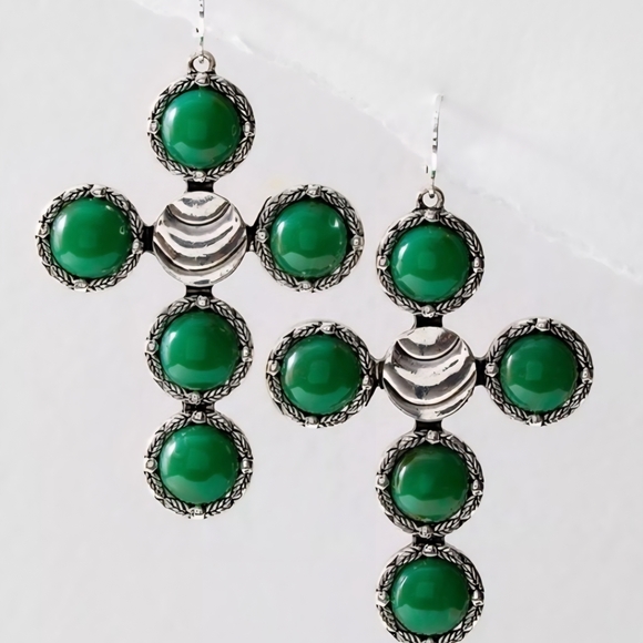 Free People Time Is On My Side Cross Earrings Green Silver NWOT - Picture 2 of 4